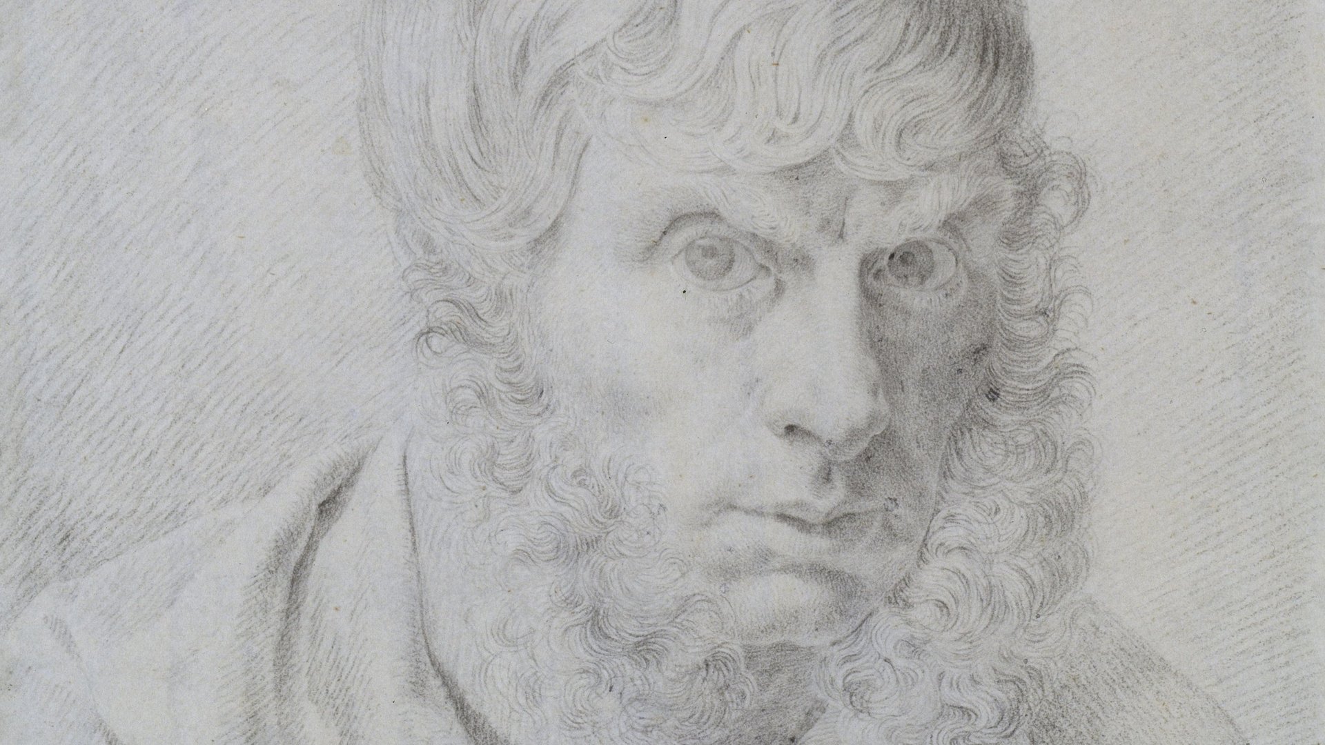 Schwarz-weiße Zeichnung eines Mannes mit Bart. Das Bild ist ein Selbstbildnis des Künstlers Caspar David Friedrich.